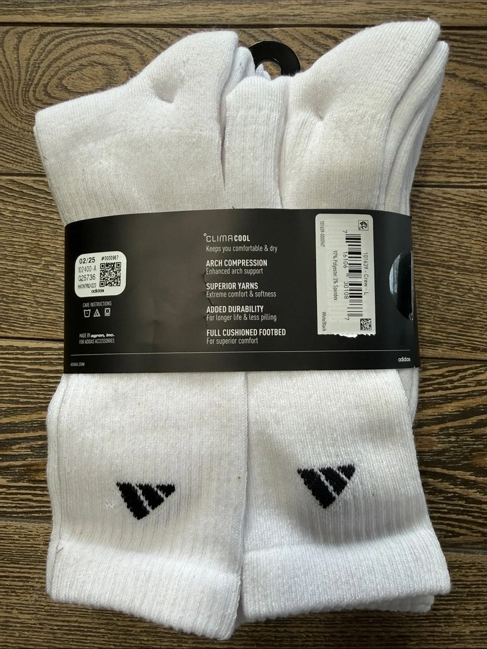 adidas White Crew Athletic Socks with Black Logo - 6 Pack Large 8-12 Climacool